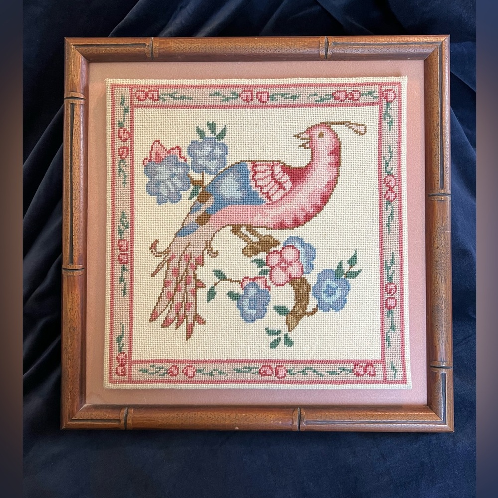 Vintage Hand-Embroidered Bird Needlepoint Framed Art
